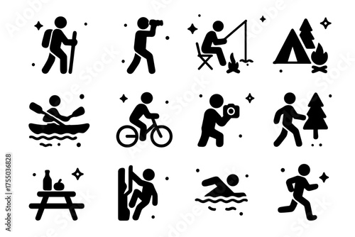 Outdoor Activity Icons. Outdoor Activities. Solid icons set of Outdoor Activities: hiking, bird watching, fishing, camping, kayaking, cycling, photography,