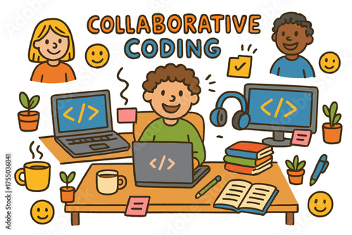Kids Coding Fun. Collaborative Coding. Colorful Hand-drawn doodle Children illustration developer, laptop, code on screen, coffee cup, headphones, sticky