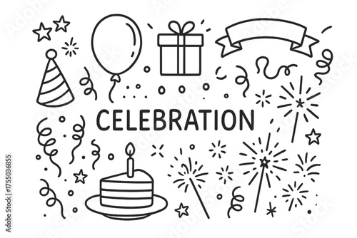 Party Celebration Doodles. Celebration. Hand-drawn doodle illustration Celebration confetti balloon party hat gift cake candle streamers sparkler fireworks