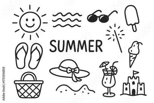 Summer Doodle Icons. Summer. Hand-drawn doodle illustration Summer sun beach waves sunglasses ice cream flip flop sparkler picnic hat cocktail sandcastle.