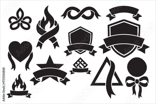 Collection of black silhouette ribbons and emblems on white background
