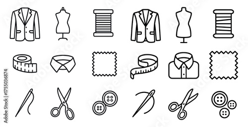 Tailoring and fashion outline icons set – sewing, clothing, pattern design symbols