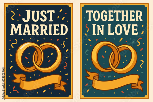 Wedding Celebration Banners. Wedding. Two vertical A6 banners, cartoon, navy and gold backgrounds, wedding rings and ribbon with confetti, first banner with