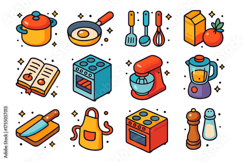 Colorful Cooking Icons. cooking. Colorful isometric vector icons set of cooking: pots, pans, utensils, ingredients, recipes, ovens, stoves, mixers, blenders,