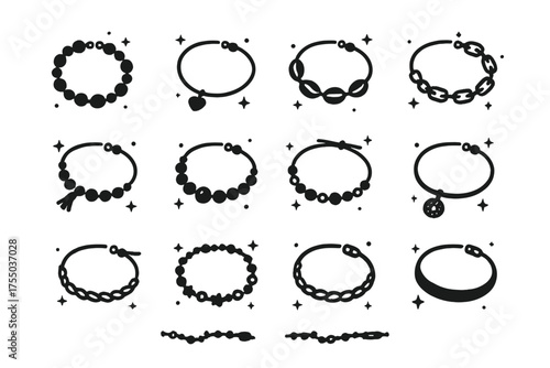 Anklet Icons Collection. Casual & Party Anklets. Solid icons set of Casual & Party Anklets: beaded anklet, charm anklet, shell anklet, chain anklet, tassel