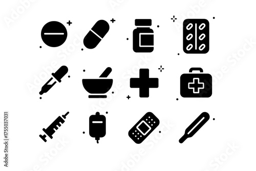 Pharmaceutical Icon Set. Pharmaceutical care. Solid icons set of Pharmaceutical care: pill, capsule, medicine bottle, blister pack, dropper, mortar and pestle,