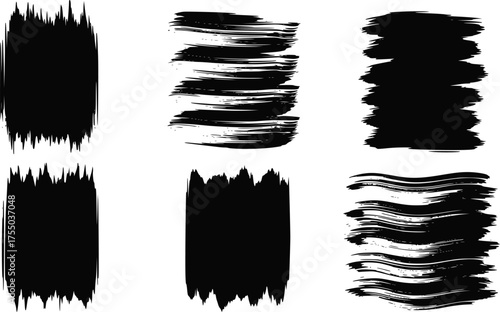 Black vector rough edge rectangles. Grunge square frames set. Jagged edge torn paper background collection. Paint brush strokes. Grungy distressed text boxes. EPS version.