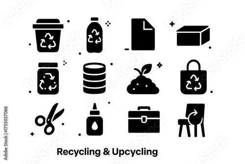 Recycling Icon Set. Recycling & Upcycling. Solid icons set of Recycling & Upcycling: recycling bin, reused bottle, paper, cardboard, glass jar, metal can,