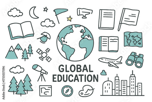 Global Education Doodles. Global Education. Hand-drawn doodle illustration Globe, book, notebook, pencil, map, continents, oceans, compass,