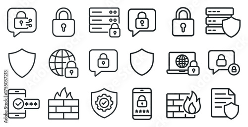 Cybersecurity line icons set – network, protection, firewall graphics