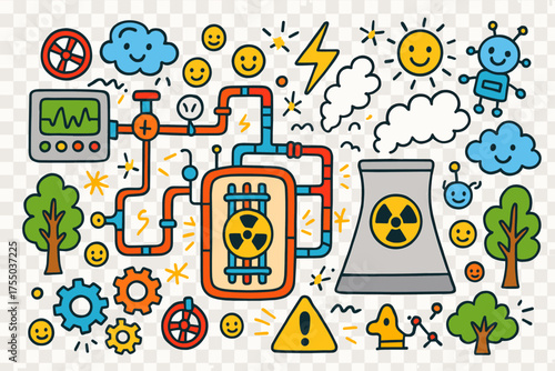 Playful Nuclear Reactor. Nuclear Reactor. Colorful Hand-drawn doodle Children illustration reactor core, cooling tower, control panel, valves, gears, pipes,