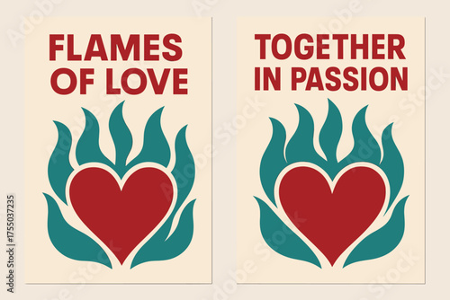 Flames of Love Banners. Flames of love. Two vertical A6 banners with safe margins, centered composition, no elements touching edges, bauhaus, crimson and teal,