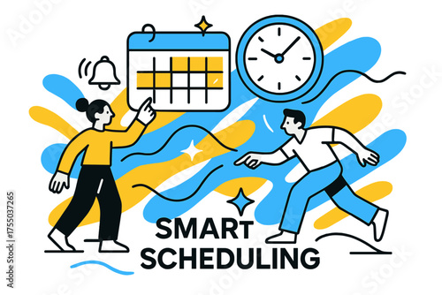 Smart Scheduling Illustration. Smart Scheduling. Calendar and clock floating with automated reminders and glowing highlights, hands pointing to optimized