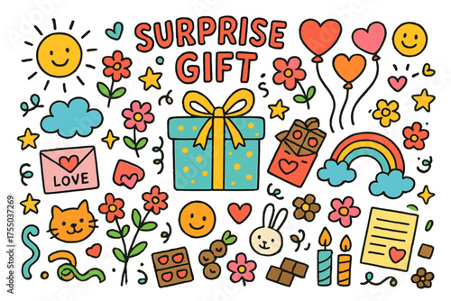 Colorful Surprise Gift. Surprise Gift. Colorful Hand-drawn doodle Children illustration gift box, heart-shaped balloons, flowers, chocolates,