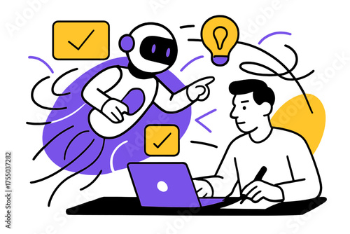 AI Desk Guide. AI Assistance. Robot or AI helper floating over a desk, guiding workflow with floating glowing suggestions, abstract lines