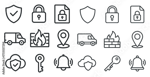 Security and protection outline icons set – linear, minimalist, safety symbols