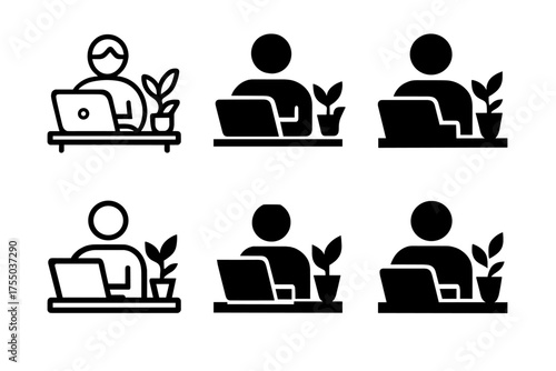 Smart Home Office Logos. Remote worker setting up a smart home office. Set Logo of Remote worker setting up a smart home office: Desk plant. harmonious logo