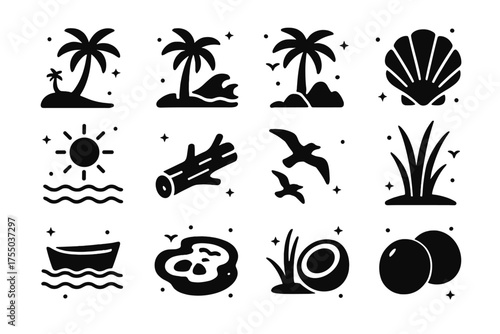 Coastal Palms Icons. Coastal Palms. Solid icons set of Coastal Palms: palm trees, waves, sand, rocks, shells, sun, driftwood, seagulls, beach grass, boat, tide