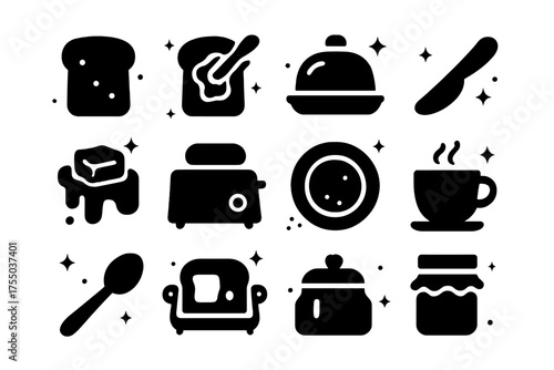 Buttered Bread Icons. Morning buttered bread. Solid icons set of Morning buttered bread: bread slice, butter spread, butter dish, butter knife, melting butter,