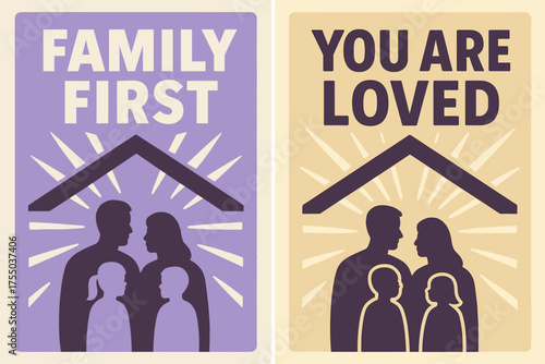 Family Banner Designs. Family. Two vertical A6 banners, bold, lavender and cream backgrounds, family silhouettes under a cozy roof with sun rays, first banner