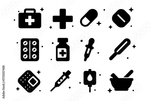 Medical Icon Set. Medical kit. Solid icons set of Medical kit: first aid kit, cross symbol, pill, capsule, blister pack, medicine bottle, dropper, thermometer,