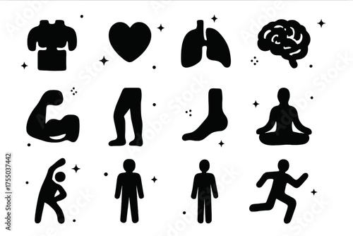 Health Icons Grid. Health body. Solid icons set of Health body: torso, heart, lung, brain, muscle arm, leg, foot, yoga pose, stretching figure, silhouette,