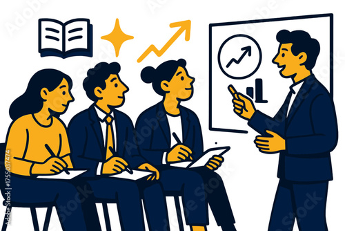 Dynamic Skill-Building Session. Focused learning. Group of glowing professionals taking notes as expert explains with diagrams. Floating icons of book,