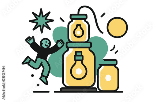 Upcycled Jar Lamps. Glass Jar Lamps. A glowing lamp made of upcycled jars, abstract spark and circle icons symbolizing warm creativity. Modern flat-line