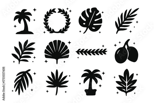 Tropical Icon Collection. Palm Decorations. Solid icons set of Palm Decorations: silhouette palm, tropical wreath, cut leaf, single frond, cluster fronds, fan