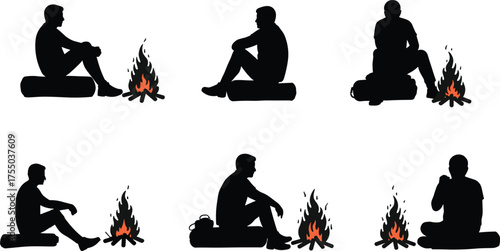 Silhouettes of campers sitting near campfires with flames, outdoor lifestyle, wilderness travel, camping relaxation, nature adventure illustration