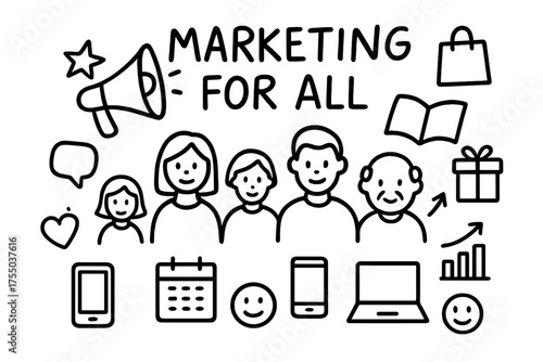 Inclusive Marketing Doodles. Marketing for all. Hand-drawn doodle illustration marketing for all megaphone, people figures of all ages, star, shopping bag,
