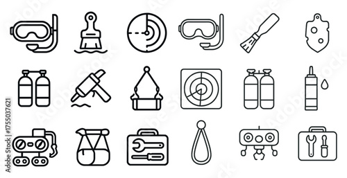 Diving and snorkeling outline icons set – marine, underwater, aquatic symbols
