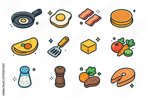 Breakfast Pan Icons. Breakfast Pan. Colorful isometric vector icons set of breakfast pan: frying pan, fried egg, bacon strips, pancake, omelet, spatula, butter