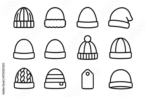 Outdoor Beanie Icons. Outdoor beanies. Line icon set of Outdoor beanies: knitted beanie, fleece-lined beanie, wool hat, slouchy beanie, cuffed beanie, folded