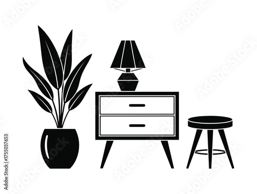 Elegant interior design featuring a potted plant, nightstand with a lamp