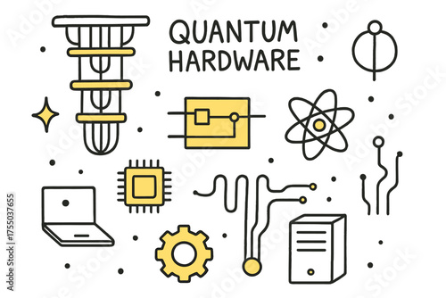 Quantum Hardware Doodle. Quantum Hardware. Hand-drawn doodle illustration dilution refrigerator (colored), circuit (colored), chip, atom, quantum wires