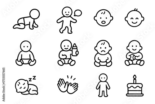 Baby Milestone Icons. Baby milestone chart. Line icon set of Baby milestone chart: crawling baby, first steps, first words, smiling baby, sitting baby, holding