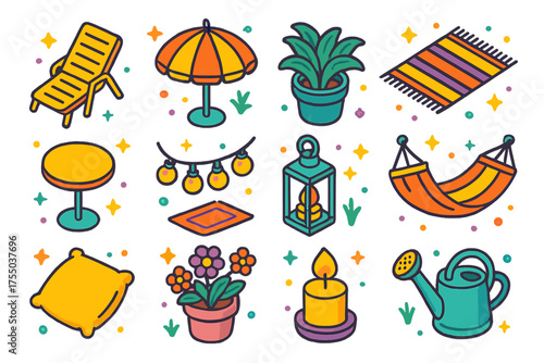 Terrace Decor Icons. Terrace Decor. Colorful isometric vector icons set of terrace decor: lounge chair, umbrella, potted plant, outdoor rug, table, string