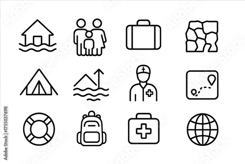 Environmental Displacement Icons. Environmental displacement. Line icon set of Environmental displacement: flooded house, displaced family, suitcase, dry