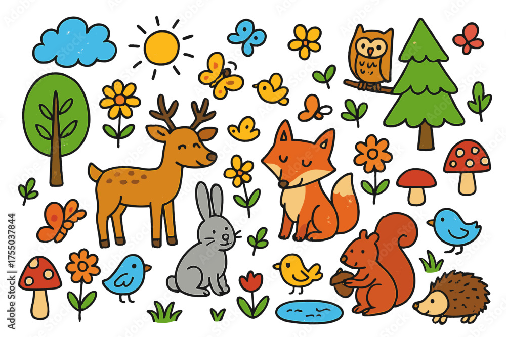 Naklejka premium Whimsical Forest Creatures. Forest Animals. Colorful Hand-drawn doodle Children illustration deer, fox, rabbit, squirrel, owl, birds, hedgehog, mushrooms,