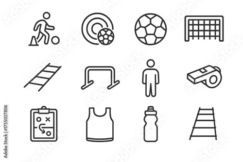 Soccer Drill Icons. Soccer drills. Line icon set of Soccer drills: dribbling cone, passing target, soccer ball, goalpost, agility ladder, hurdle, player