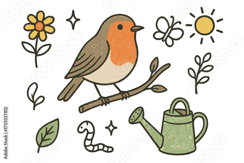 Whimsical Garden Doodles. Garden Robin. Hand-drawn doodle illustration robin (colored), flower (colored), branch (colored), sparkle, star, leaf, watering can