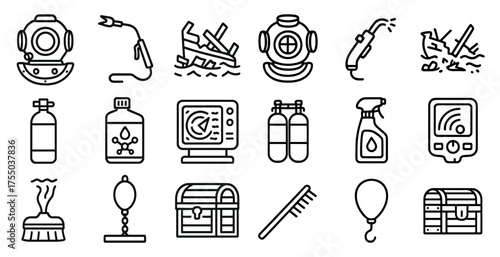 Diving and underwater line icons set – outline, sea and aquatic exploration graphics
