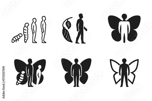 Evolving Human Logos. Transformational growth. Set Logo of Transformational growth: human silhouette evolving (metamorphosis). harmonious logo variations of