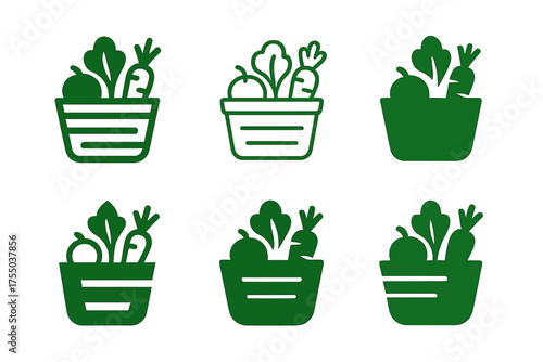 Market Logo Variations. Produce Display. Set Logo of Produce Display: stylized market produce icon. harmonious logo variations of the same emblematic concept,