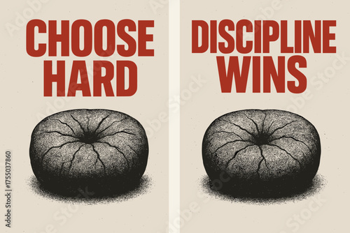 Brutalist Motivation Banners. Resilience. Two vertical A6 banners with safe margins, centered composition, no elements touching edges, brutalist style, black