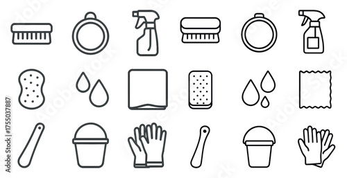Cleaning essentials outline icons set – hygiene, sanitation, cleaning tools