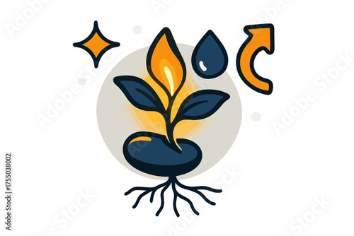 Glowing Seed Growth. Growth origin. Glowing sprout emerging from seed with fine roots extending below. Floating icons of sparkle, droplet, and arrow