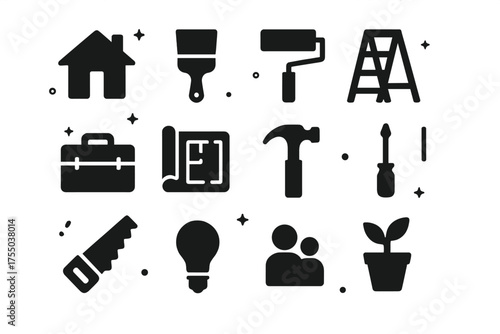 Home Renovation Icons. Home improvement. Solid icons set of Home improvement: house, paintbrush, paint roller, ladder, toolbox, blueprint, hammer, screwdriver,