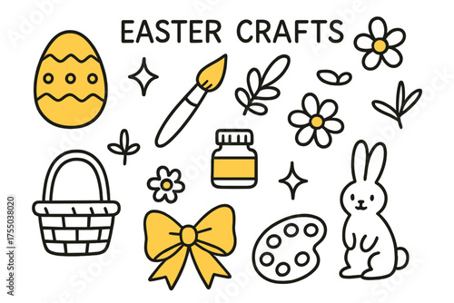 Easter Crafting Fun. Easter Crafts. Hand-drawn doodle illustration egg (colored), paintbrush (colored), paint jar (colored), sparkle, star, basket, ribbon
